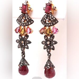 Antique Diamond, Multi-Tourmaline Sterling w/ Gold Wash Accents Earrings